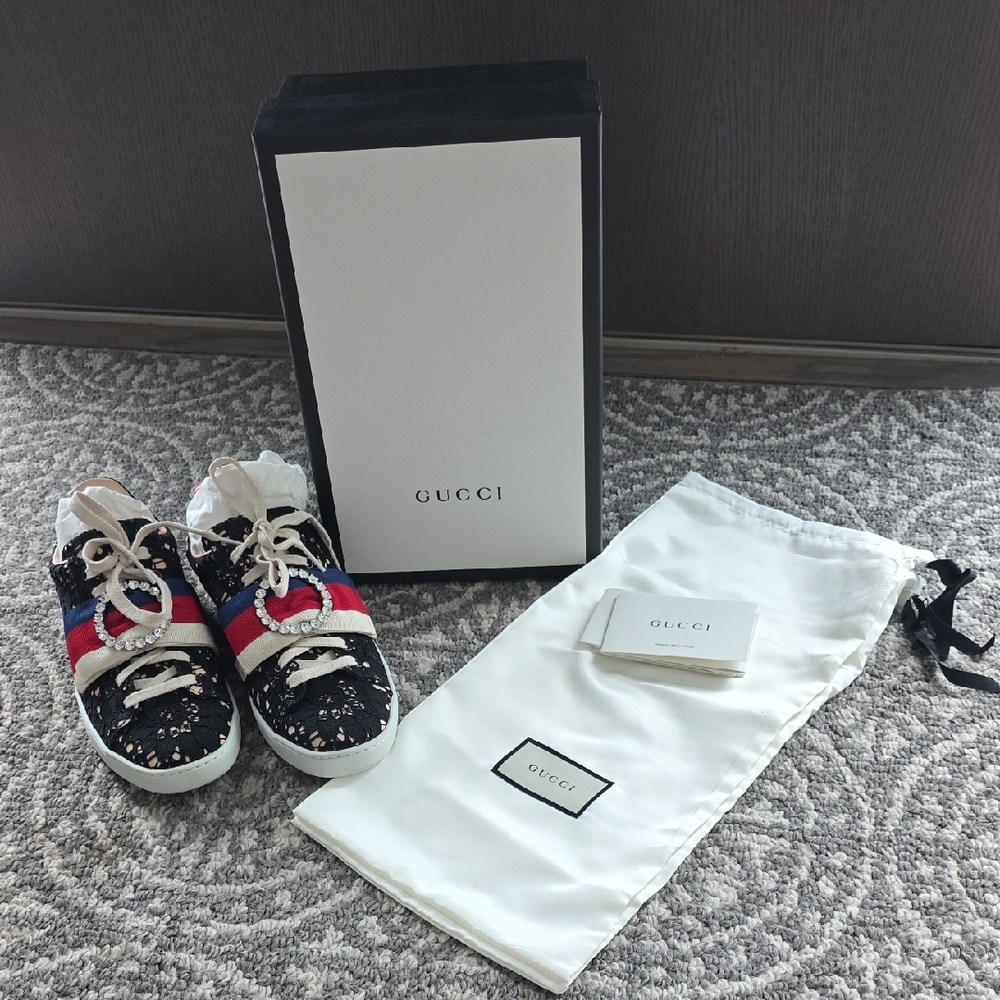 Gucci Black Sneakers with Red and Blue Stripes, Lace & Crystals
